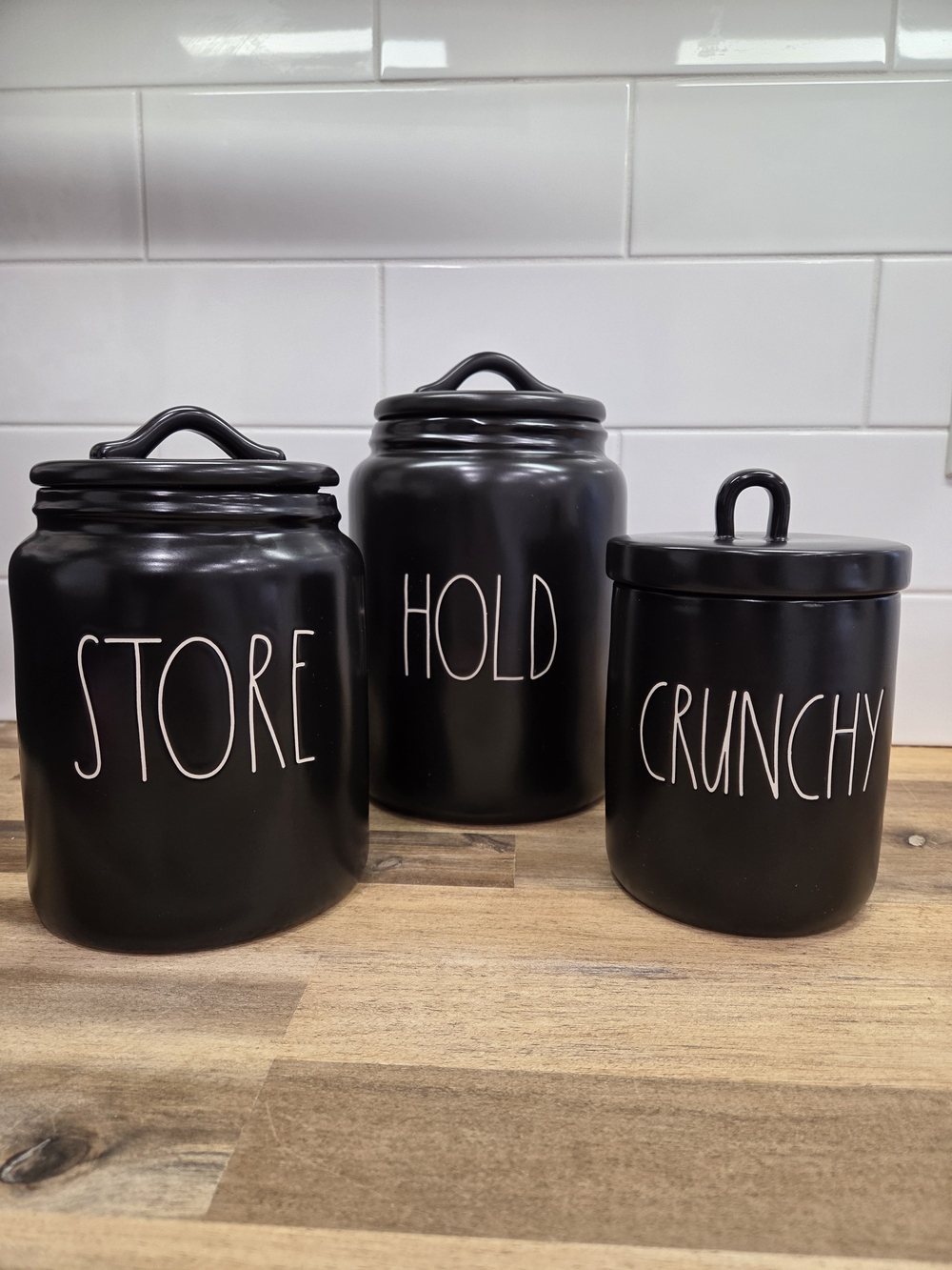 Rae Dunn Matte Black Canister Set - HOLD STORE CRUNCHY (Excellent Condition)
